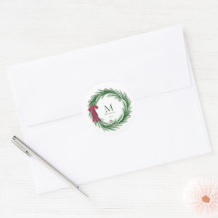 Sticker Rond Rustique Pine Holiday Wreath Monogramme Nom de fam