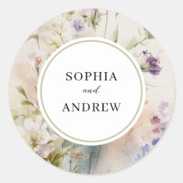 Sticker Rond Rustique Retro Fleur sauvage d'aquarelle Mariage