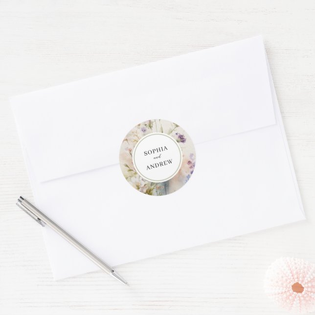 Sticker Rond Rustique Retro Fleur sauvage d'aquarelle Mariage (Enveloppe)