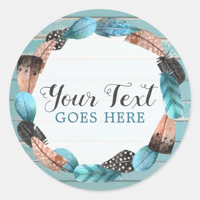 Sticker Rond Rustique Turquoise Bois & Plumes Wreath Boho Chic (Devant)