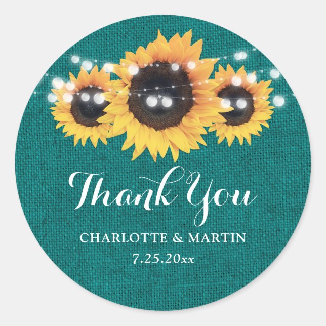 Sticker Rond Rustique Turquoise Burlap Sunflower Mariage Faveur (Devant)