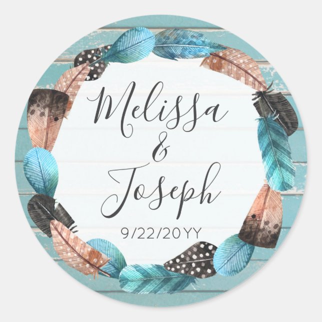 Sticker Rond Rustique Turquoise Mariage Boho en plume Wreath (Devant)