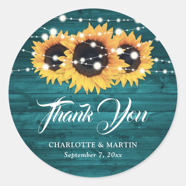 Sticker Rond Rustique Turquoise Tournesol Merci Mariage Faveur (Devant)