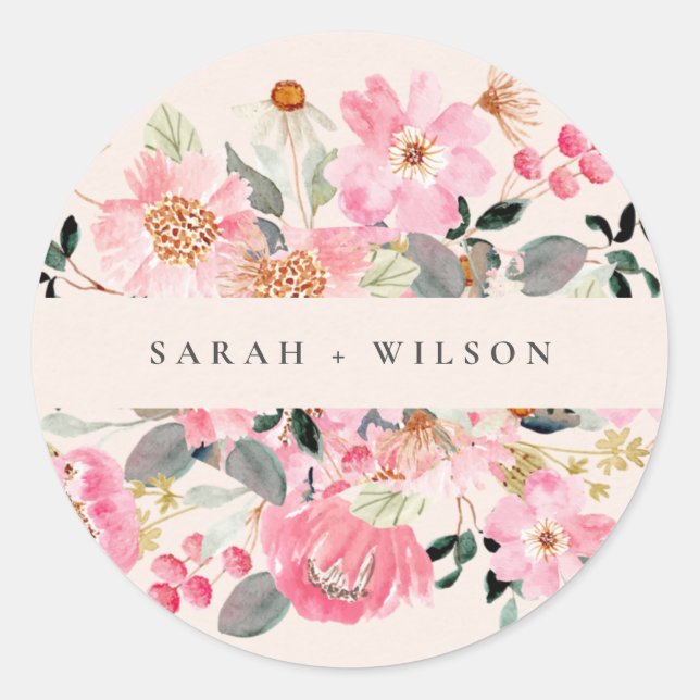 Sticker Rond Rustique vif rose Aquarelle rose Mariage Floral (Devant)