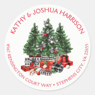Sticker Rond Rustique Vintage Arbres de Noël Paquets Adresse