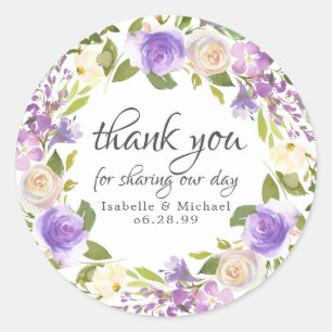 Sticker Rond Rustique violet et ivoire Floral Merci Mariage