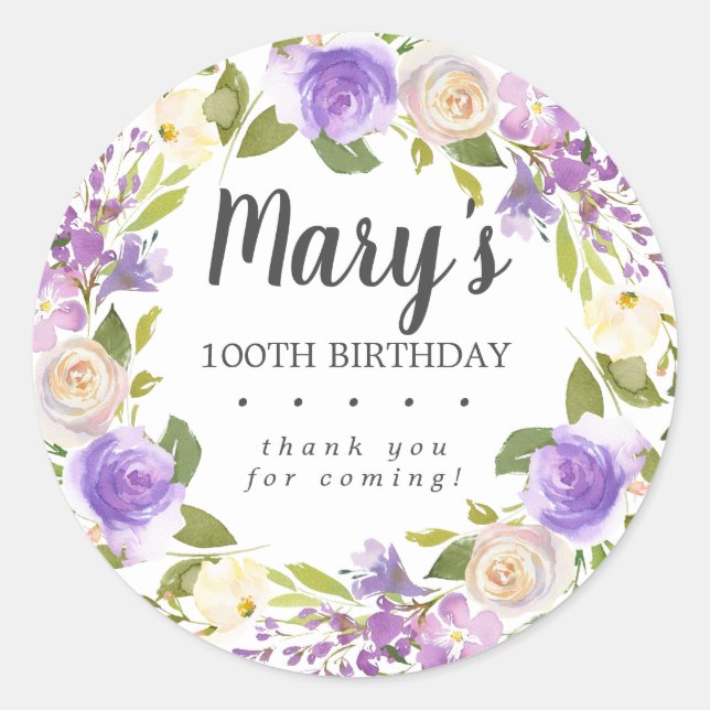 Sticker Rond Rustique violet floral 100e anniversaire Merci (Devant)