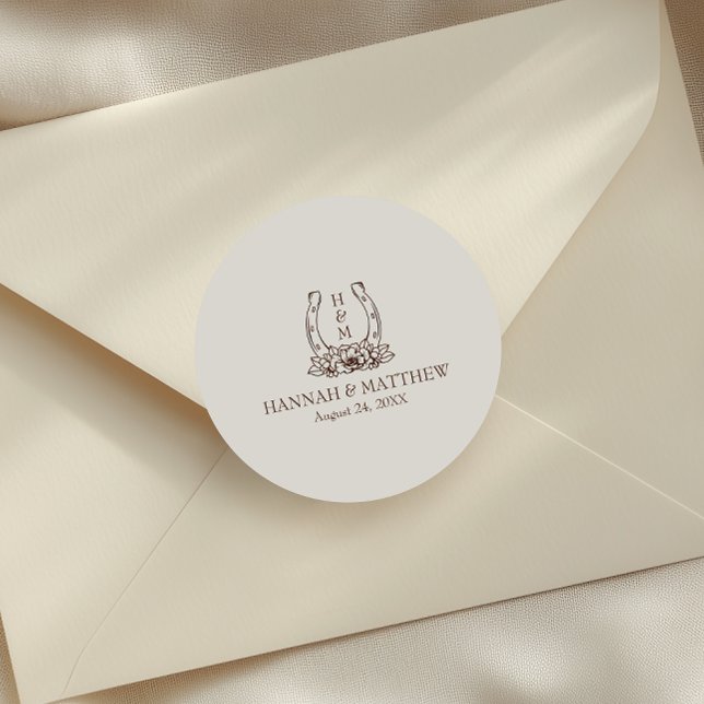 Sticker Rond Rustique Western Boho Horseshoe Mariage (Créateur téléchargé)