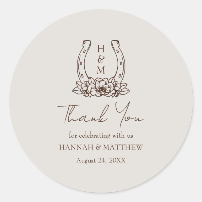 Sticker Rond Rustique Western Boho Horseshoe Mariage Merci (Devant)