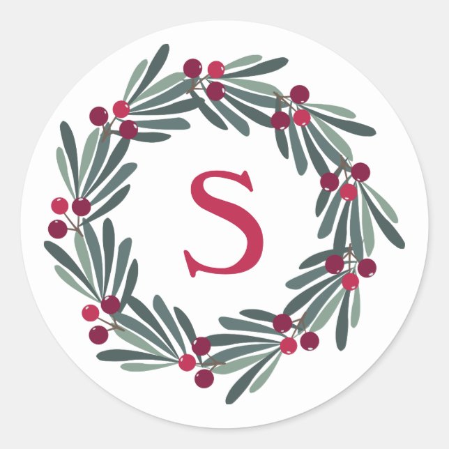 Sticker Rond "S" Monogramme Holly Berry Wreath (Devant)