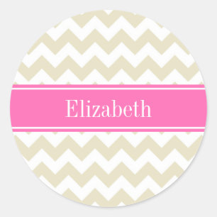 Sticker Rond Sable Beige Blanc Chevron Hot Pink #2 Nom Monogram