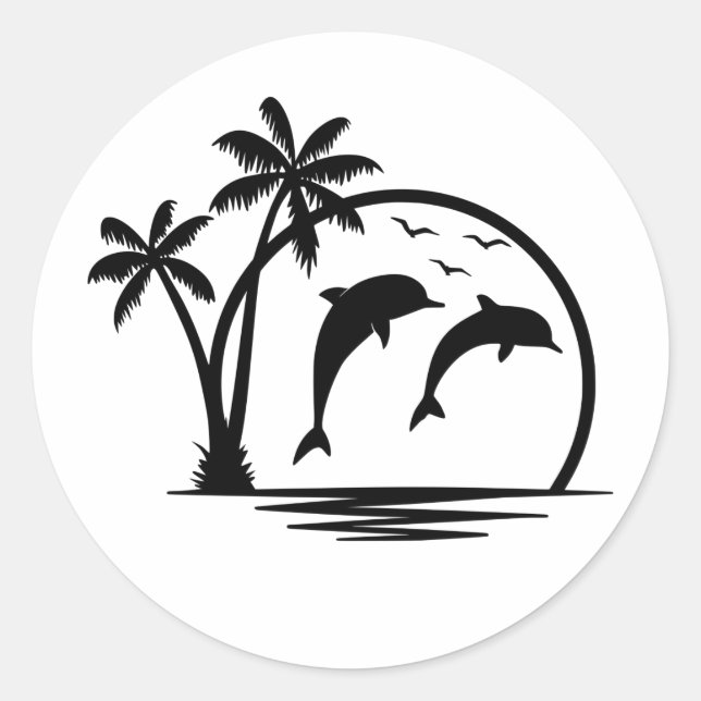 Sticker Rond Sable Dauphin Jumping Palm Tree Océan (Devant)
