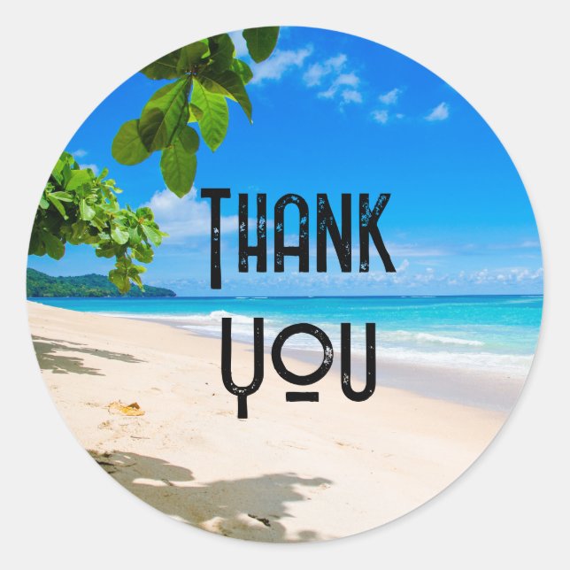 Sticker Rond Sable de soleil et Surf Tropical Beach Merci (Devant)