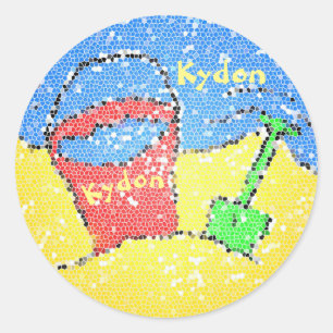 Sticker Rond Sable et pelle mignonne plage rouge bleu jaune