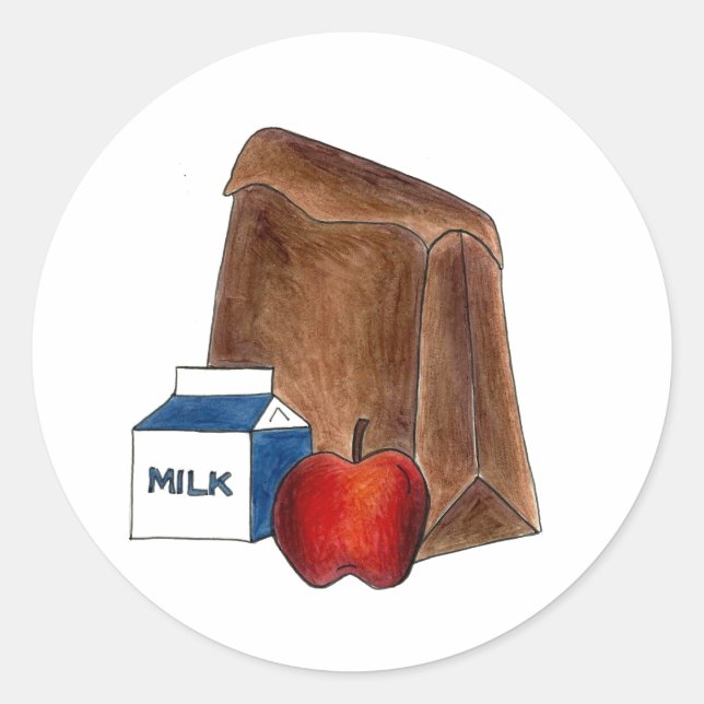 Sticker Rond Sac Brown Sack École Déjeuner Lady Apple Enseignan (Devant)
