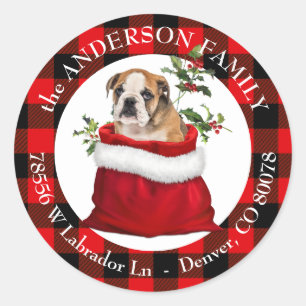 Sticker Rond Sac cadeau Bulldog Puppy Plaid Frame Adresse de re