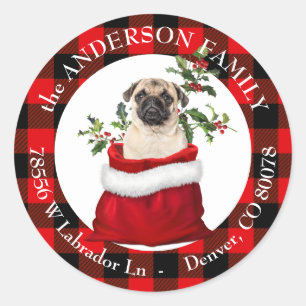 Sticker Rond Sac cadeau Cute Carlin Chien Plaid Frame Adresse d
