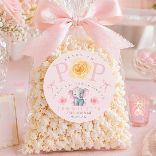 Sticker Rond Sac de pop-corn Baby Shower Éléphant Prêt à Naître