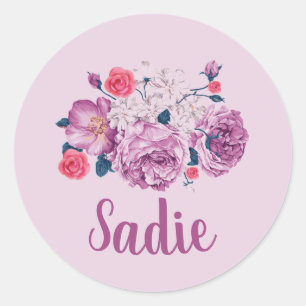 Sticker Rond Sadie Nom Fleur Personnalisé Fleur Vintage Rose Fi
