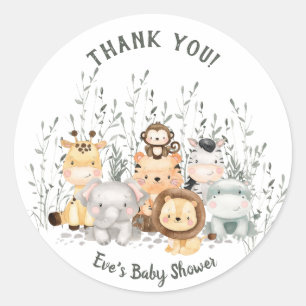 Sticker Rond Safari Animaux Baby shower Merci classique ronde