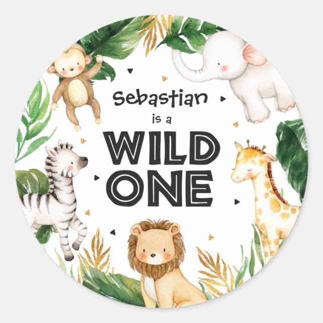 Sticker Rond Safari Animaux sauvages Un 1er anniversaire (Devant)