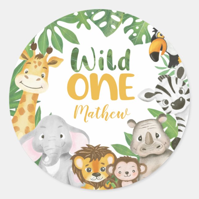 Sticker Rond Safari Animaux sauvages Un 1er anniversaire Jungle (Devant)