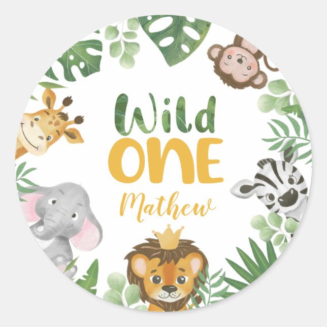Sticker Rond Safari Animaux sauvages Un 1er anniversaire Jungle (Devant)