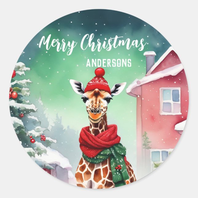 Sticker Rond Safari de Giraffe Cute Père Noël fête d'anniversai (Devant)