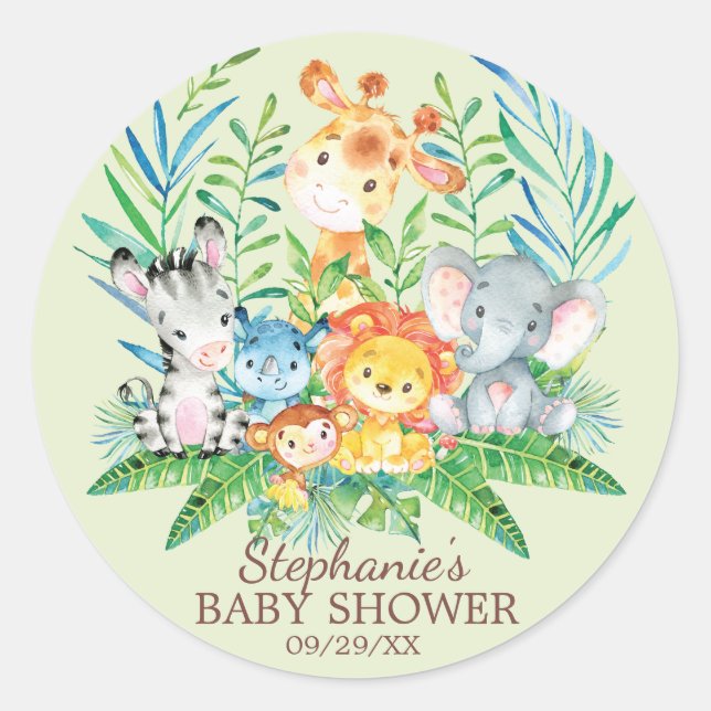 Sticker Rond Safari Jungle Animaux Baby shower Favoriser Sticke (Devant)