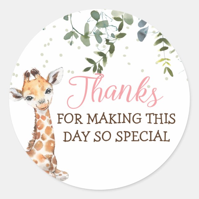 Sticker Rond Safari Jungle Giraffe Merci rose (Devant)