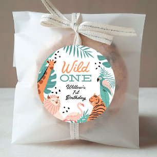 Sticker Rond Safari moderne Animaux Wild Un Anniversaire Sticke
