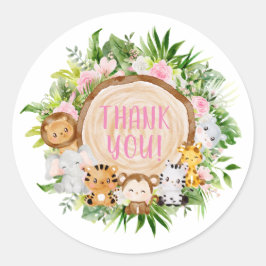 Sticker Rond Safari rose Animaux de bois Baby shower Merci