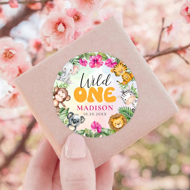 Sticker Rond Safari Wild One 1st Girl Birthday (Créateur téléchargé)