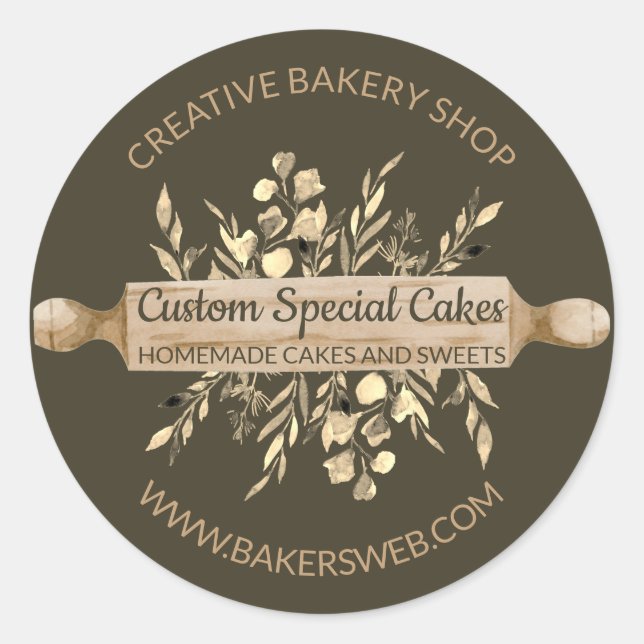 Sticker Rond Sage Brown Boulangerie Fleurs Cuisine Rolling Pin (Devant)