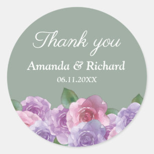 Sticker Rond Sage Dusty rose violet Mariage Floral Merci