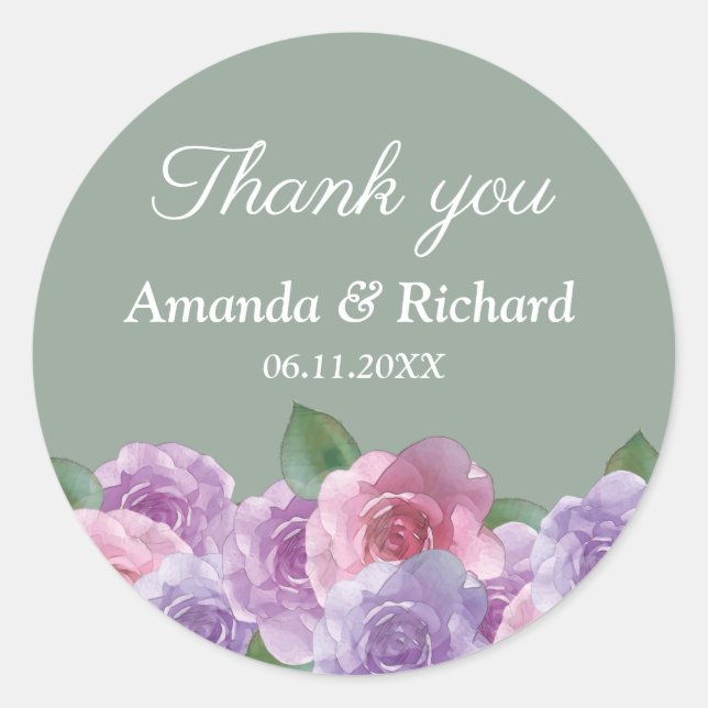 Sticker Rond Sage Dusty rose violet Mariage Floral Merci (Devant)
