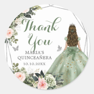 Sticker Rond Sage Green Blush Rose Floral 15 Años Merci