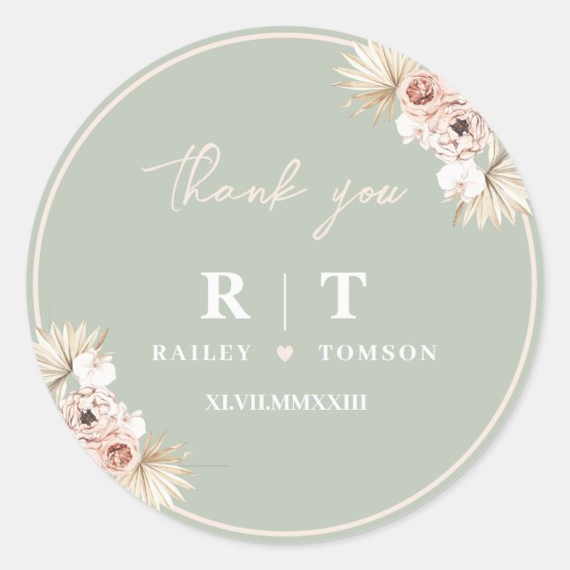 Sticker Rond Sage Green Boho Floral Élégant Mariage Monogramme (Devant)