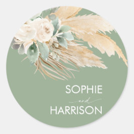 Sticker Rond Sage Green Boho Pampas Grandes