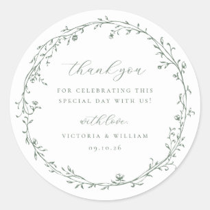 Sticker Rond Sage Green Botanical Wreath Wedding Favor