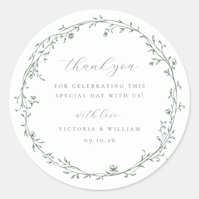 Sticker Rond Sage Green Botanical Wreath Wedding Favor (Devant)