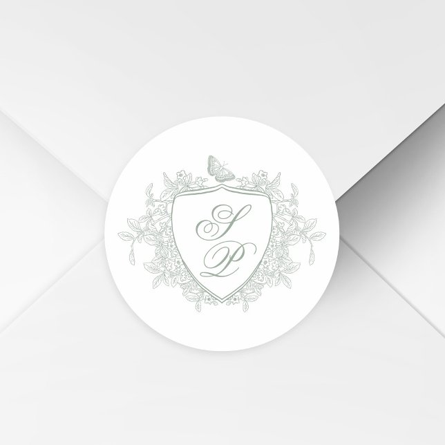 Sticker Rond Sage green crest monogram wedding (Créateur téléchargé)
