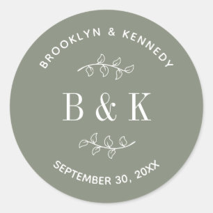 Sticker Rond Sage Green Floral Botanique Mariage Nom du couple