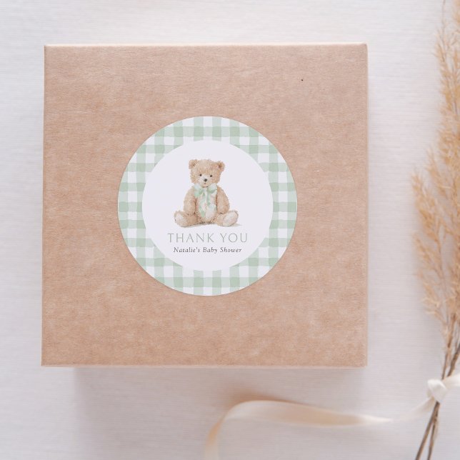Sticker Rond Sage Green Gingham Teddy Bear Baby Shower (Créateur téléchargé)