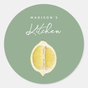 Sticker Rond Sage Green & Lemon Script Cuisine Nom personnalisé