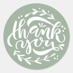 Sticker Rond Sage Green Merci Moderne Calligraphie Wreath