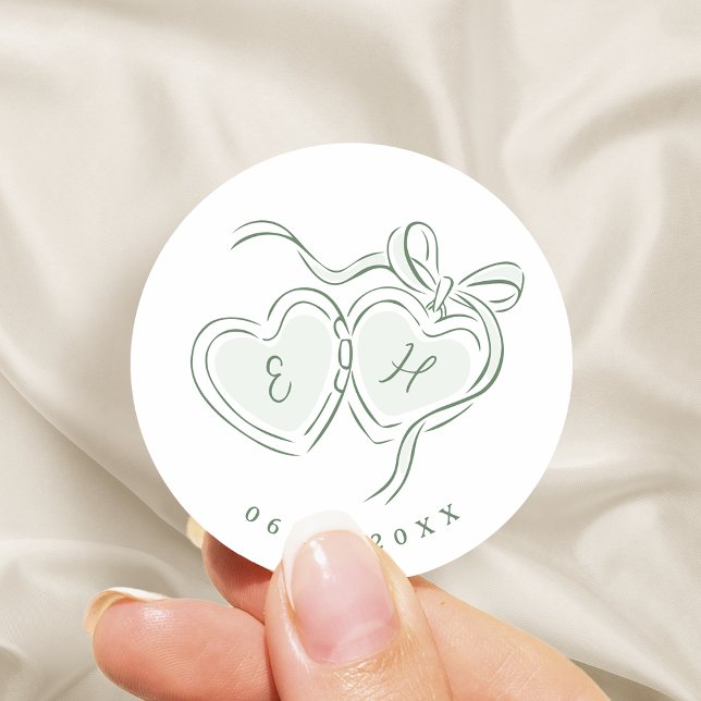 Sticker Rond Sage Hand Drawn Hearts Monogram Whimsical Wedding (Sage Hand Drawn Hearts Monogram Whimsical Wedding Classic Round Sticker)