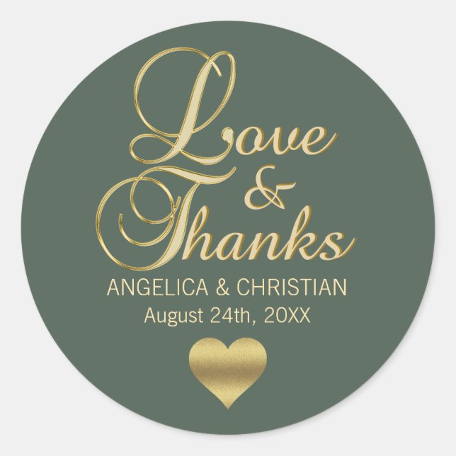 Sticker Rond SAGE PERSONNALISÉ VERT Gold LOVE & MERCI Mariage (Devant)