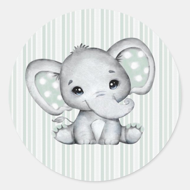 Sticker Rond Sage Vert Aquarelle Eléphant Baby shower neutre (Devant)