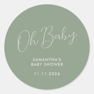 Sticker Rond Sage Vert Minimaliste Script Oh Bébé